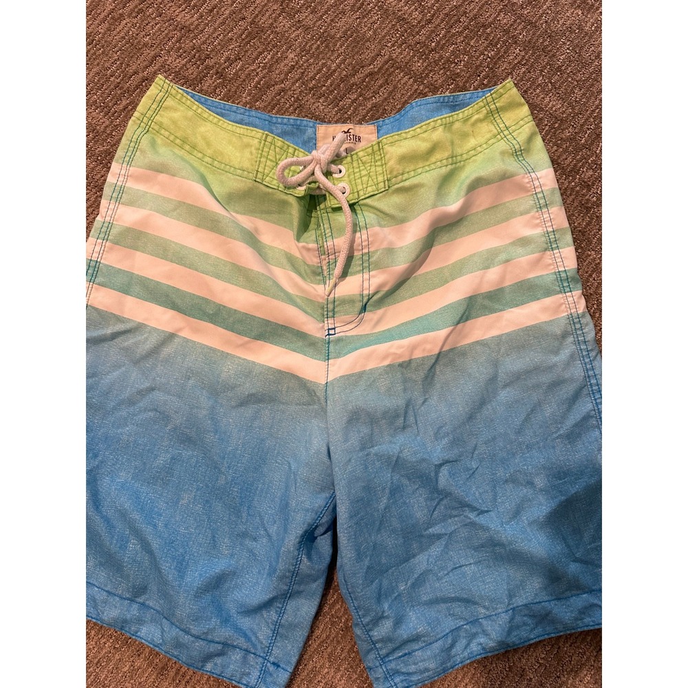 Hollister Mens Board Shorts Blue Green Striped Swim Trunks Size Large